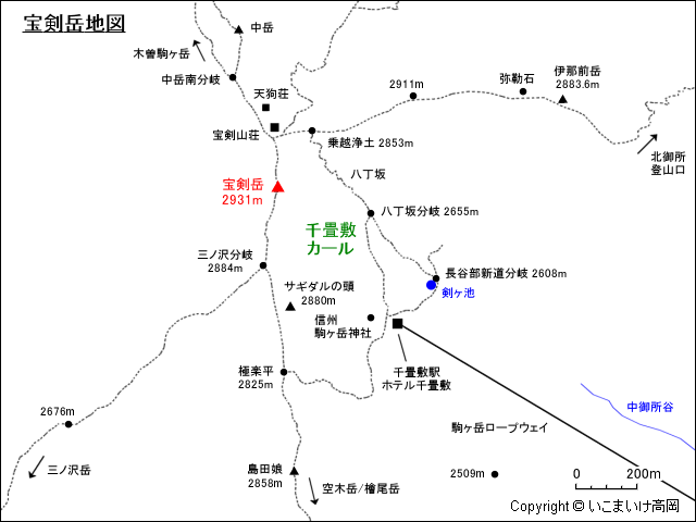 千畳敷カールにおける宝剣岳地図