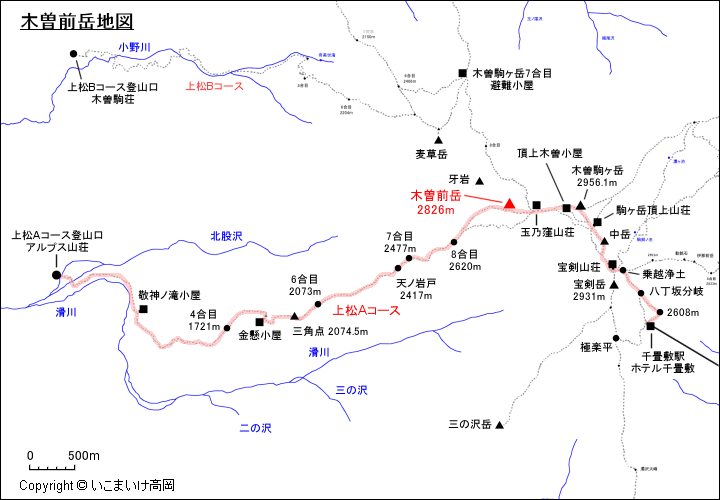 上松Aコース登山ルートにおける木曽前岳地図