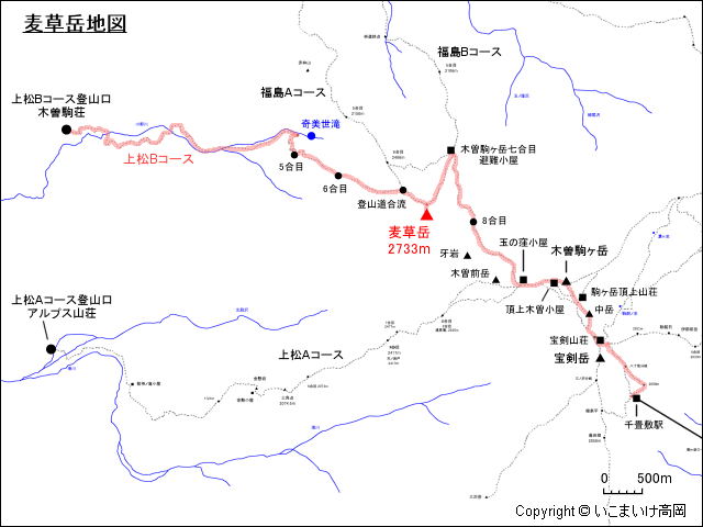 上松Bコース登山ルートにおける麦草岳地図