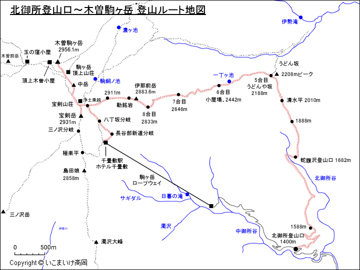 北御所登山口～木曽駒ヶ岳 登山ルート地図