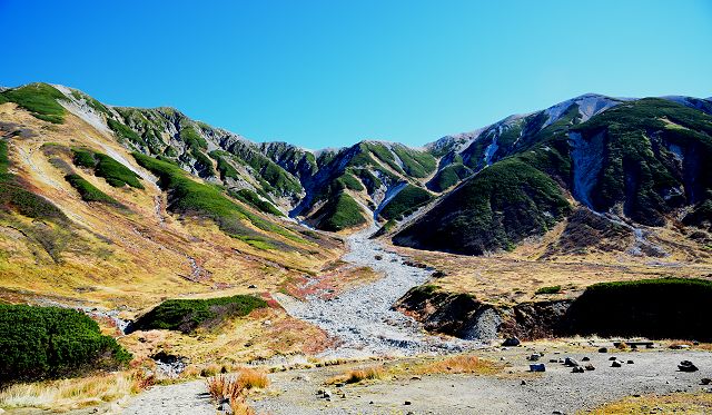 雷鳥沢キャンプ場から眺めた真砂岳～別山への稜線と南側の谷