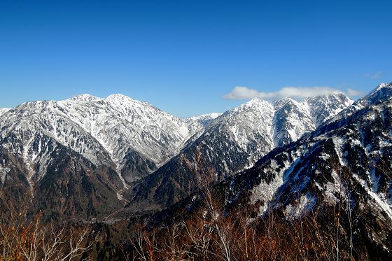 2014年11月22日、1730mピークから見た大猫山～猫又山～ブナグラ峠～後立山連峰～赤谷山～白萩山～白ハゲ～大窓の稜線