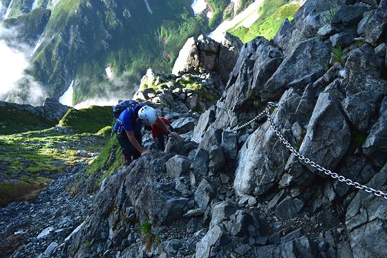 3番目鎖場「前剱大岩」を登る登山者