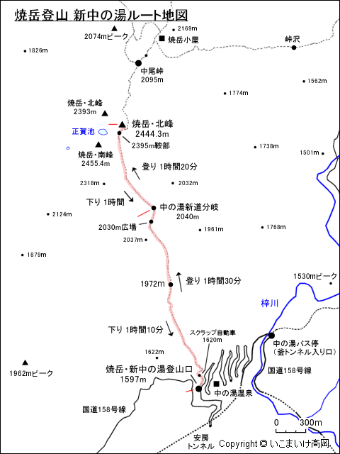 焼岳登山 新中の湯ルート地図