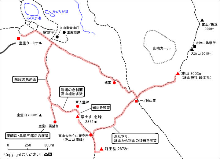 浄土山と龍王岳および雄山への登山地図